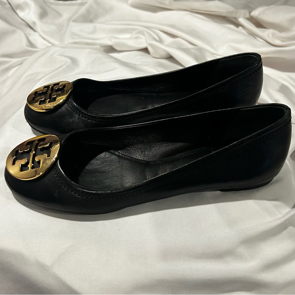 Tory Burch Black and Gold Leather Loafers - Picture 2 of 7